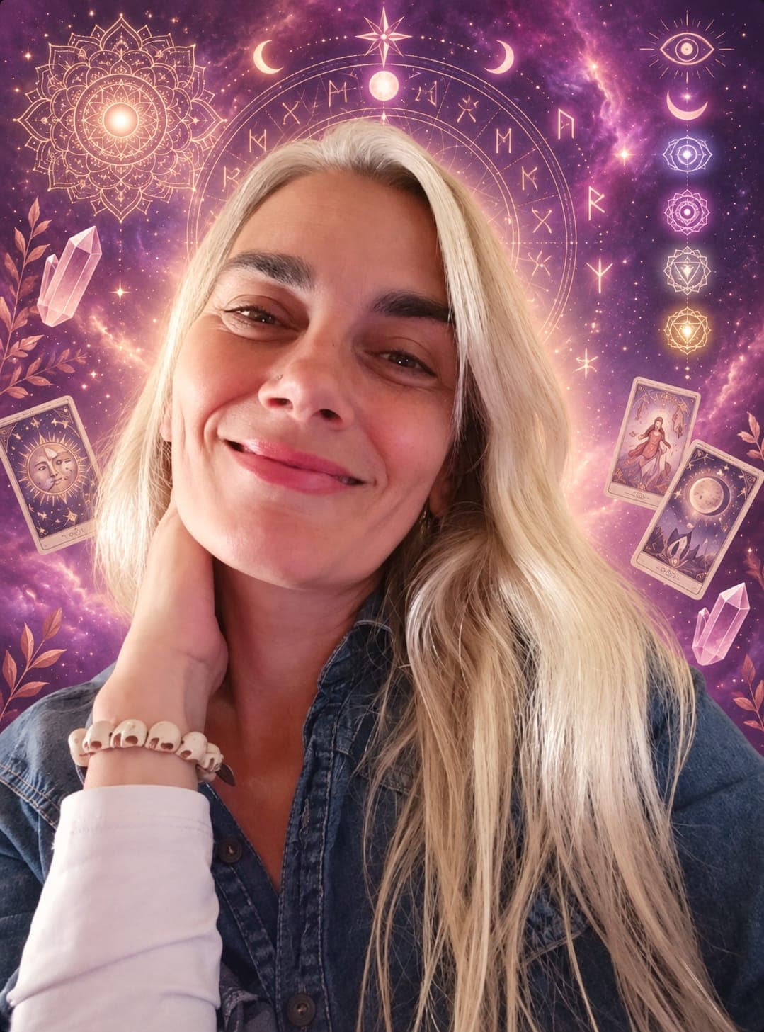 Caroline Magic con cartas de tarot y cristal, ambiente místico